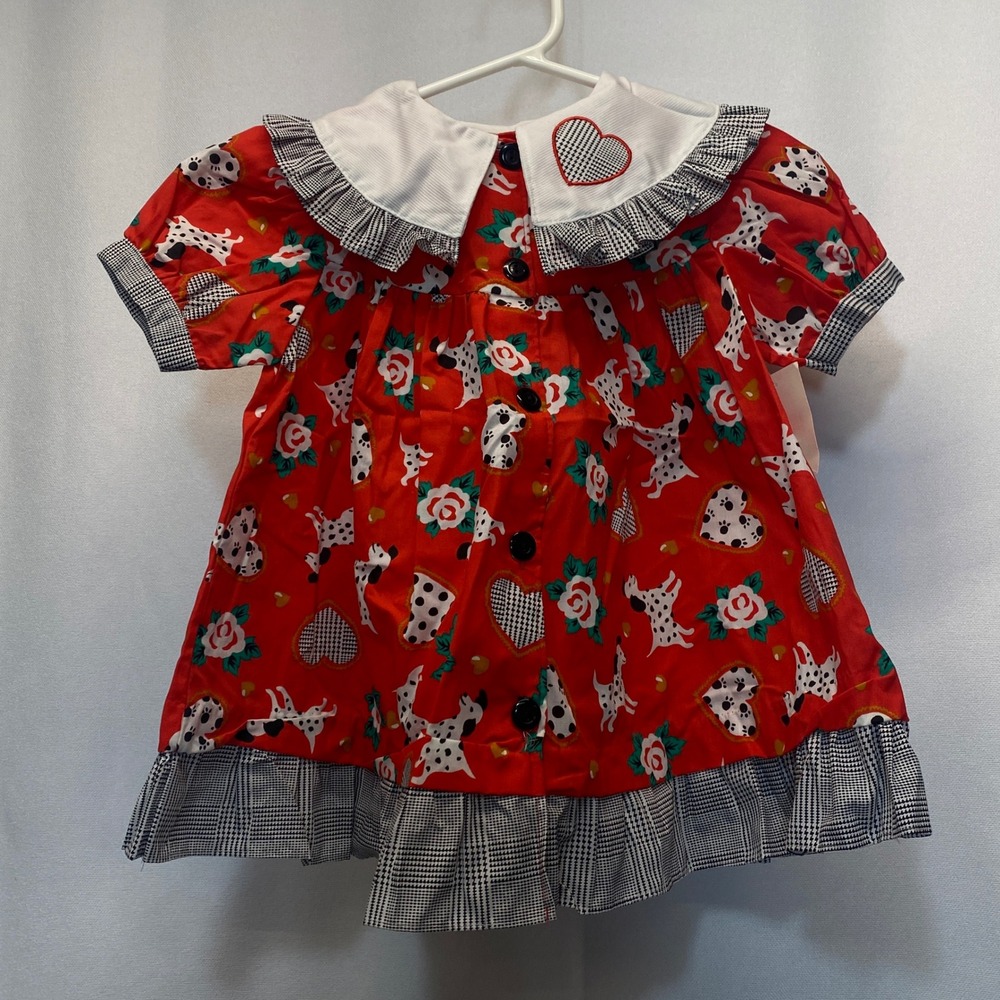 Mayfair Kids Red Dalmatian Dog Rose Plaid Collar Ruffle Dress Sears ‎ 2T VTG NEW